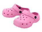 Pair of pink children's clogs with ventilation holes and black strap buttons.