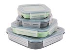 Stack of four rectangular food storage containers with clear lids.