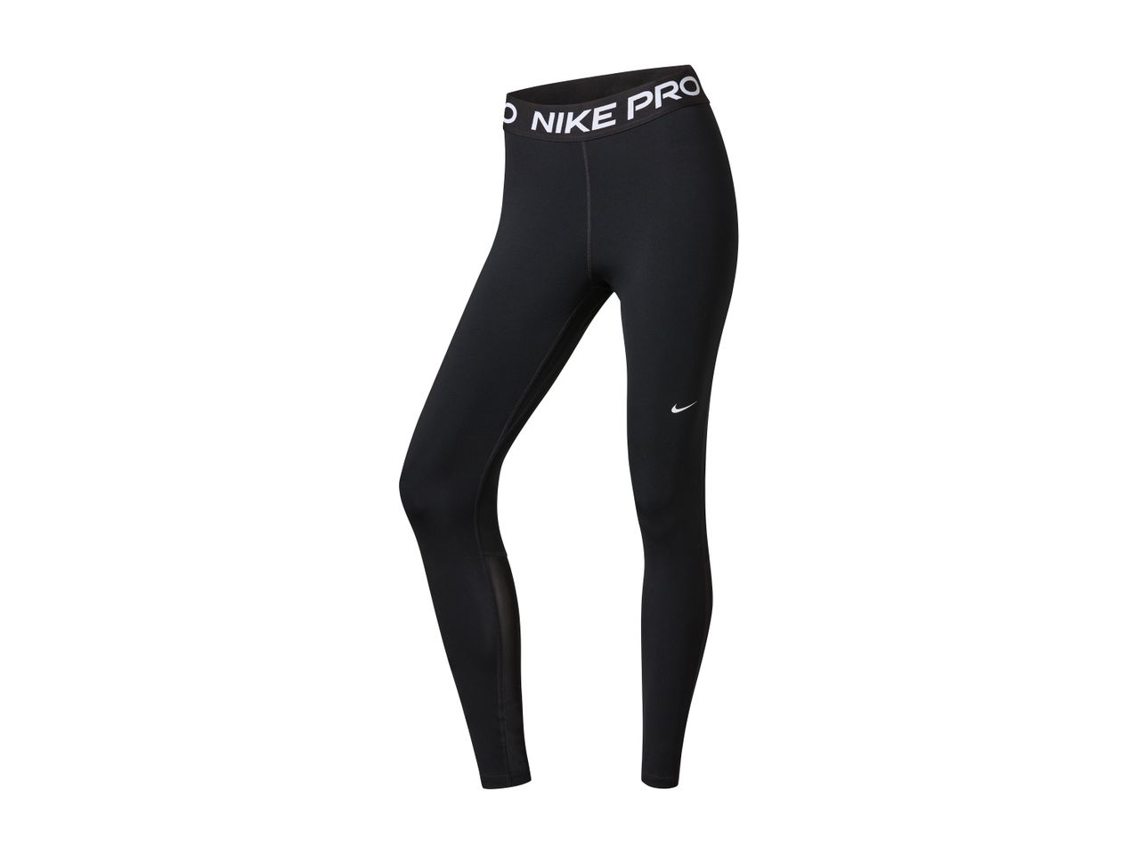 Črne ženske pajkice Nike Pro z belim logotipom na pasu in belo kljukico na nogi.