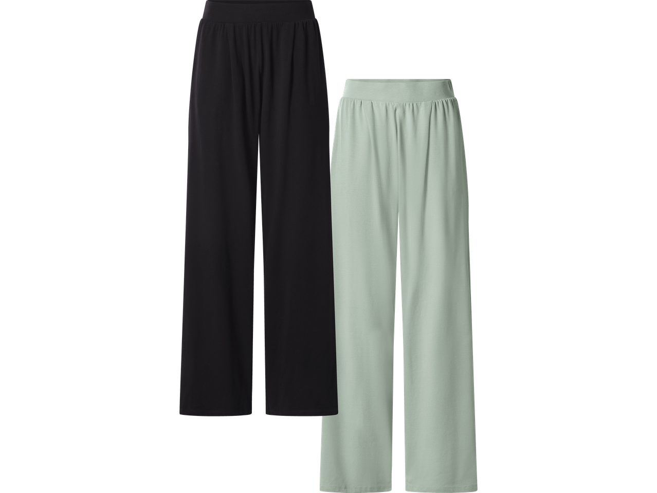 Två par vida byxor med resår i midjan, ett par svarta och ett par ljusgröna.