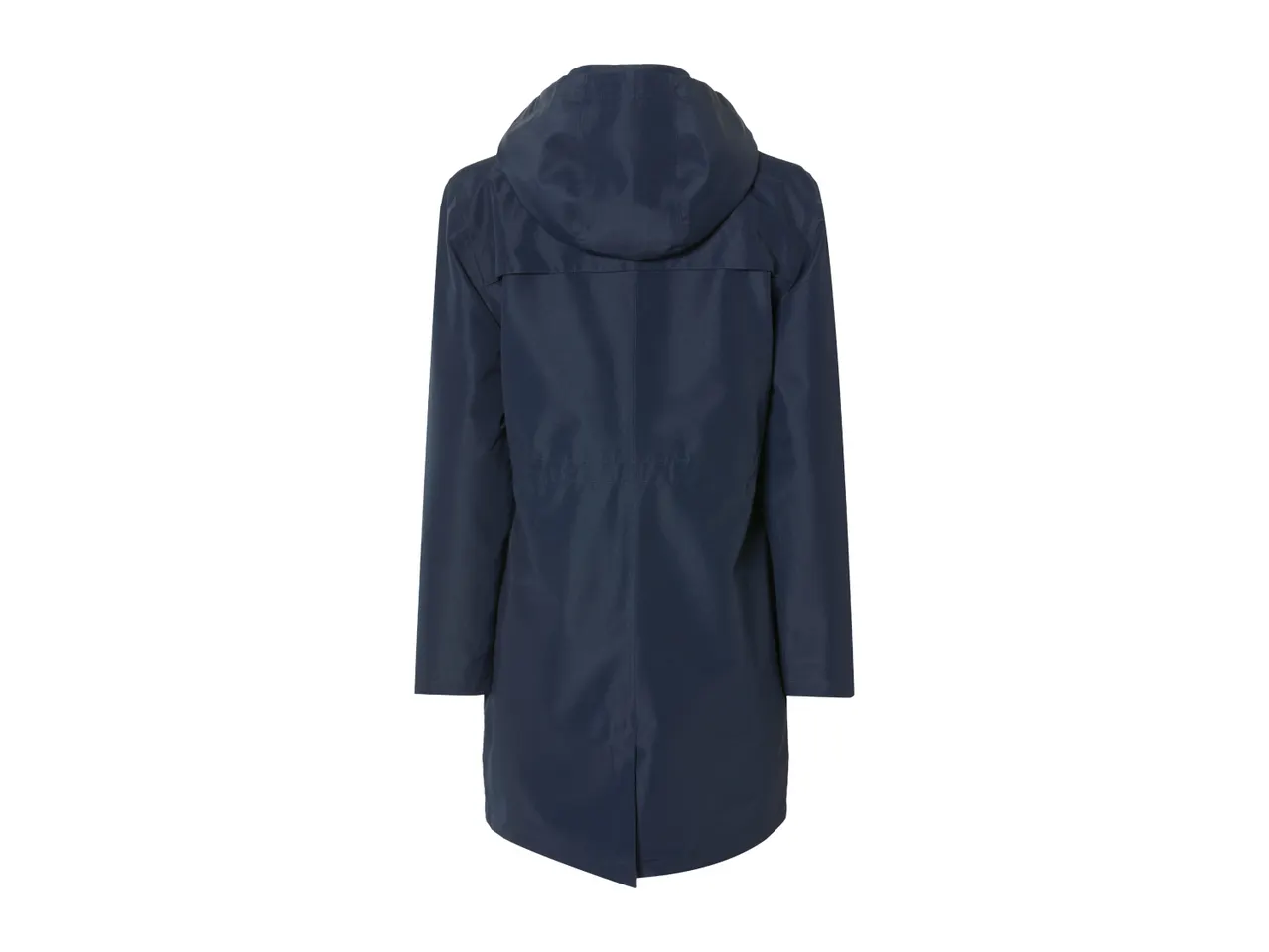 Navy blue hooded rain jacket for women, shown from the back.