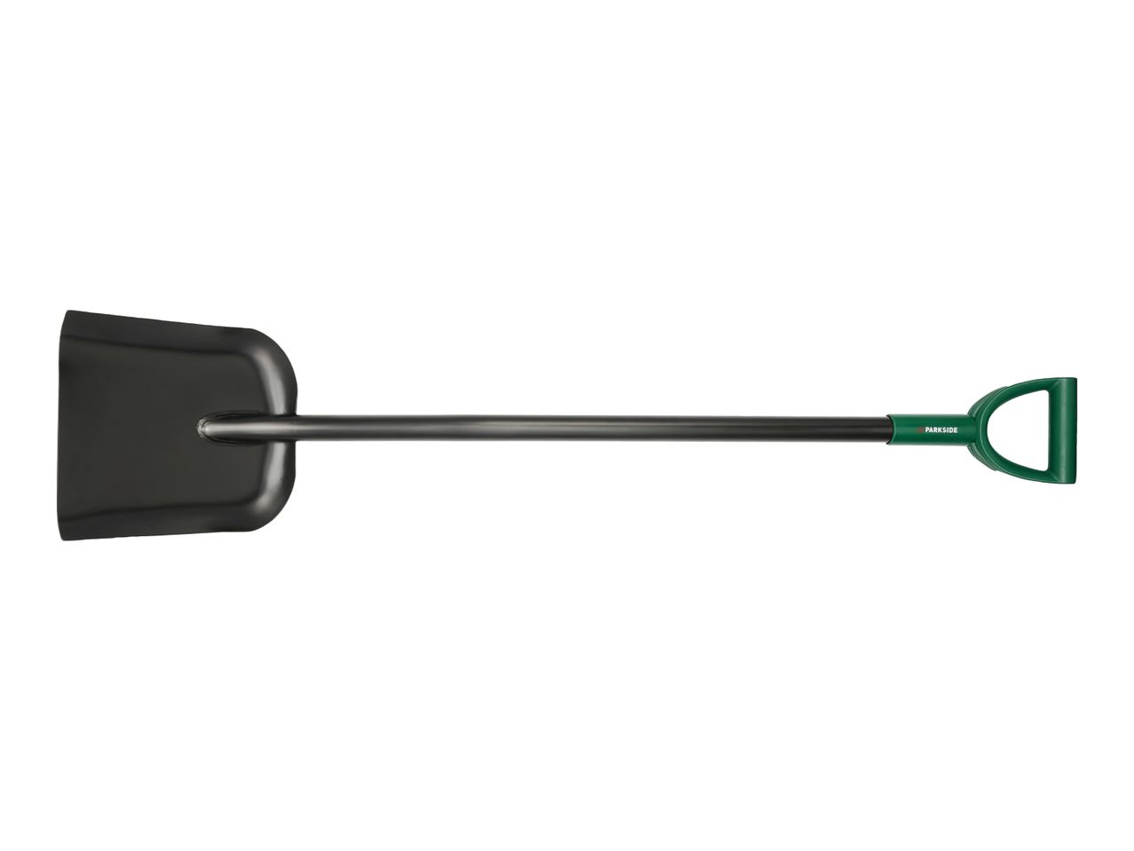 A black shovel with a green D-handle