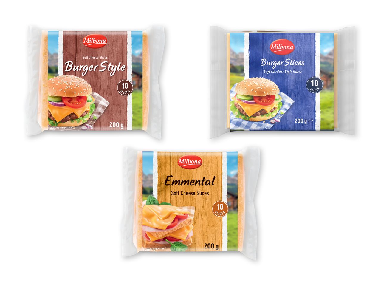 Tre pakker osteskiver: to med burgerstil og en med Emmental, alle med 10 skiver og 200g.