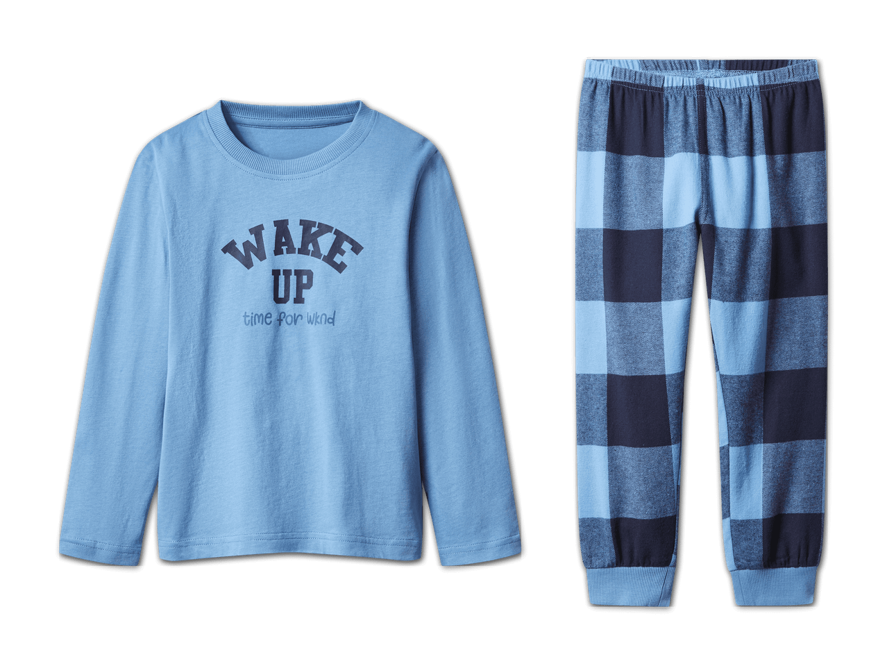 Blauer Pyjama mit Langarmshirt und karierter Hose, Aufschrift 'WAKE UP time for wknd'