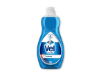 Blå flaske med opvaskemiddel, der fremhæver effektivitet i koldt vand og hygiejne.