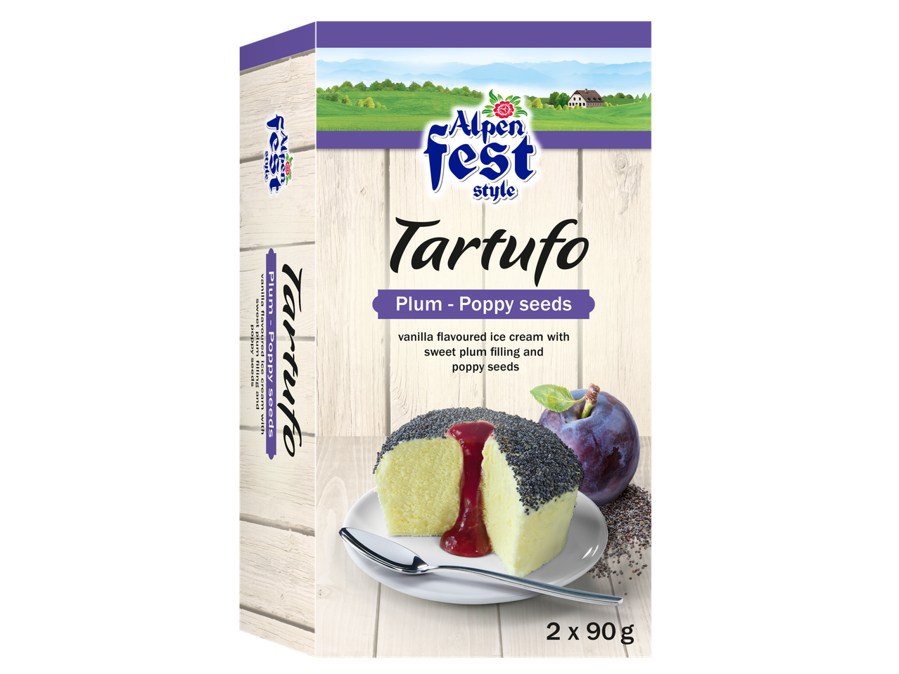 Înghețată Alpen Fest Tartufo cu prune și semințe de mac.