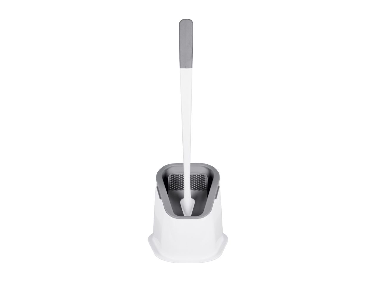 White and gray toilet brush with a holder on a white background.