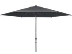 Dark grey patio umbrella with a silver pole, shown against a black background.