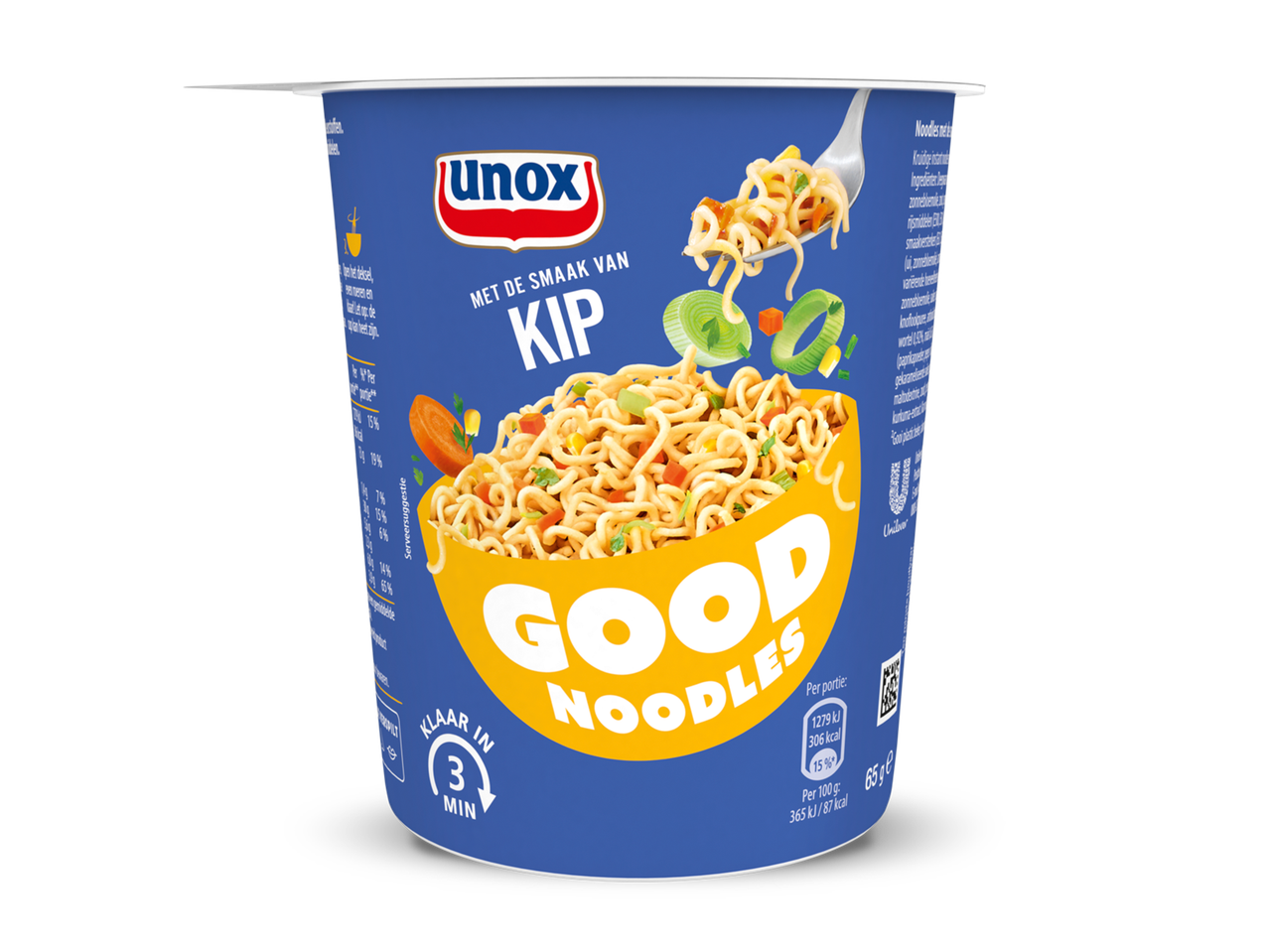 Instant noedels met kipsmaak in een blauwe beker, klaar in 3 minuten.