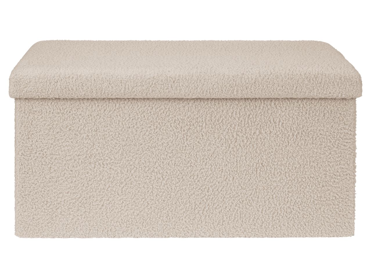 A rectangular, light beige, textured storage ottoman with a removable lid.