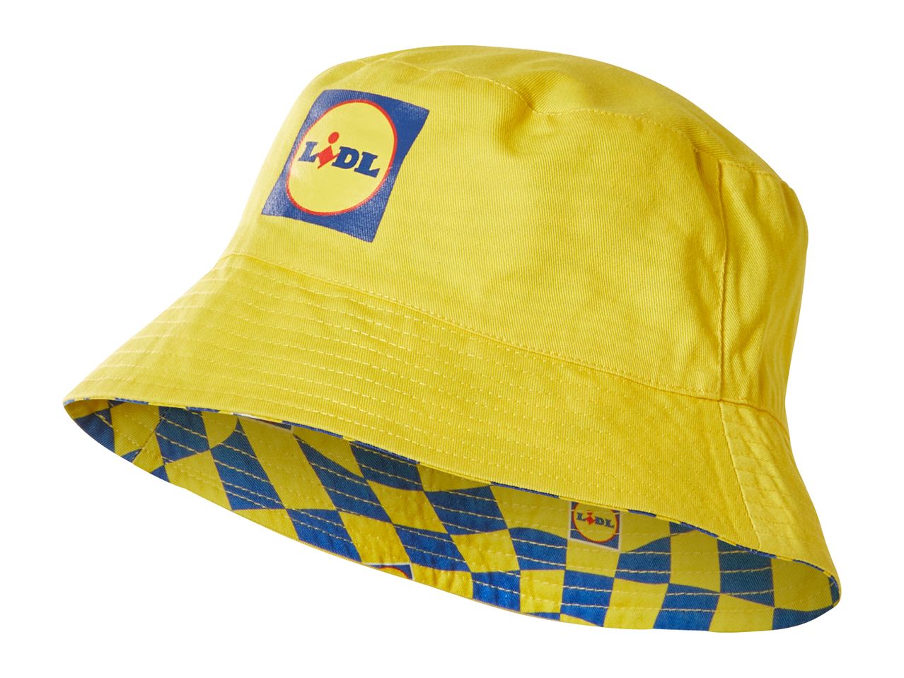 Yellow bucket hat with a blue and yellow checkered lining, featuring a logo on the front.
