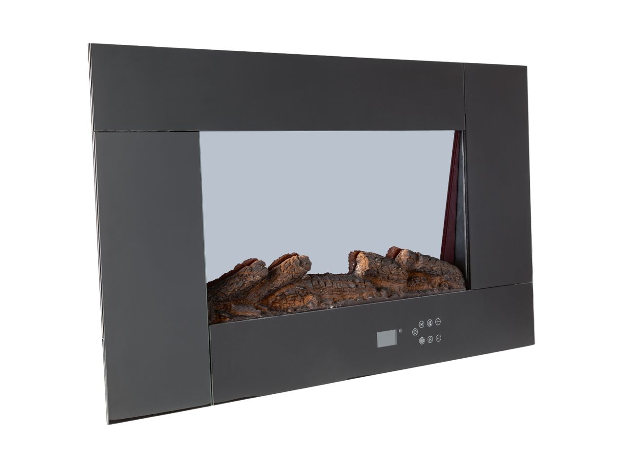 Electric fireplace with a black frame, glass panel, and artificial logs, featuring control buttons.