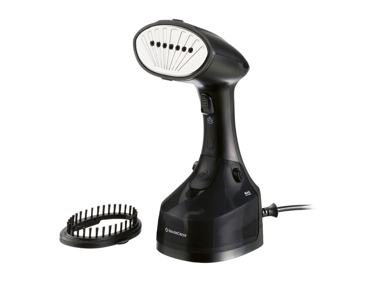 Black handheld garment steamer with a brush attachment on a white background.