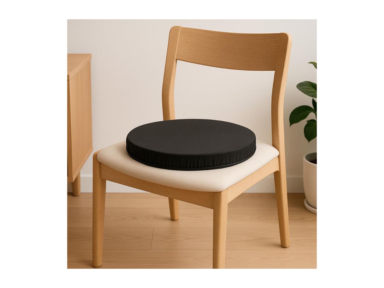 Wooden chair with a black round seat cushion in a minimalist room.
