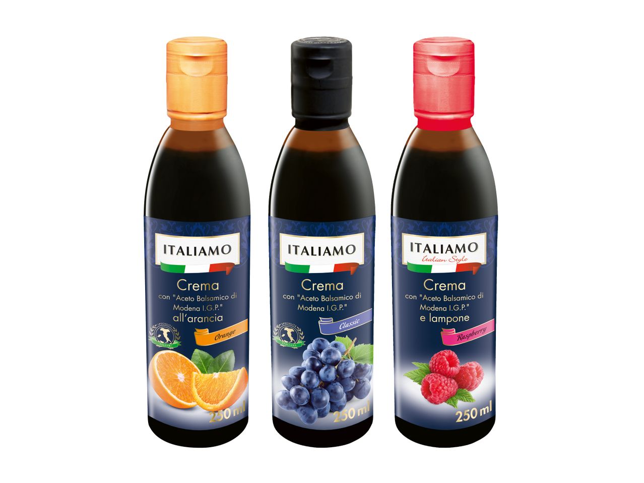 Kolm pudelit balsamico kreemi: apelsini, klassikaline ja vaarika maitsega.