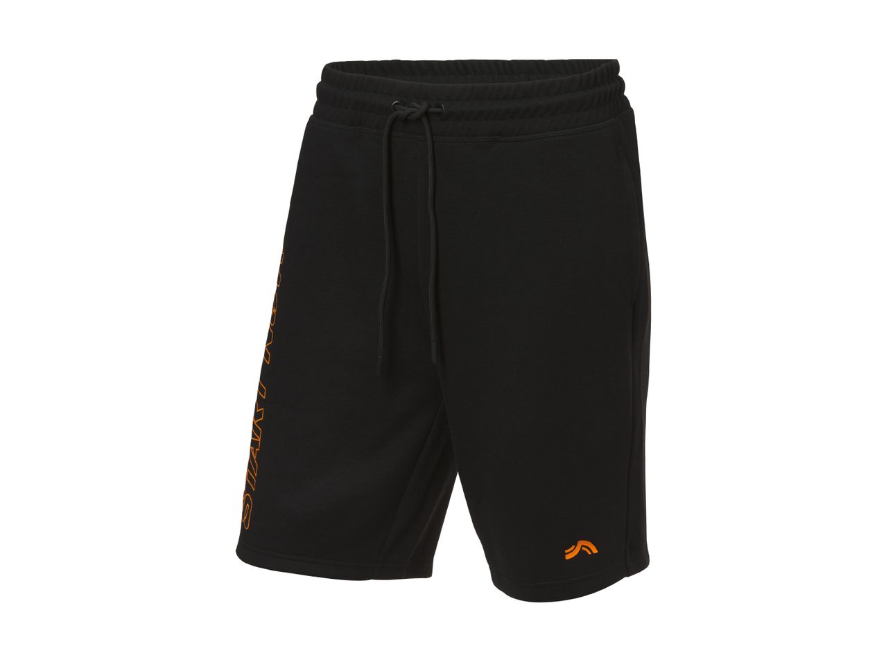 Black athletic shorts with orange text and logo.