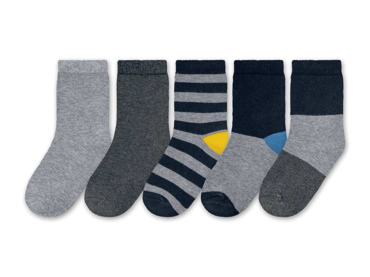 Fünf Paar Socken in Grau, Dunkelgrau, gestreift, Dunkelblau und Grau-Dunkelgrau.