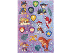 Paw Patrol-stickers met puppy's en dinosaurussen op een glitterachtergrond.