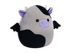 A gray and black cow plush with purple ears, white horns, and black bat wings