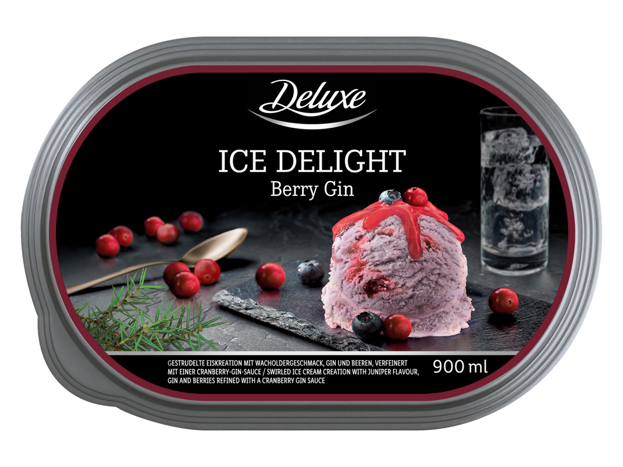 Deluxe Ice Delight cu gin și fructe de pădure, cu afine, merișoare și crenguțe de ienupăr.