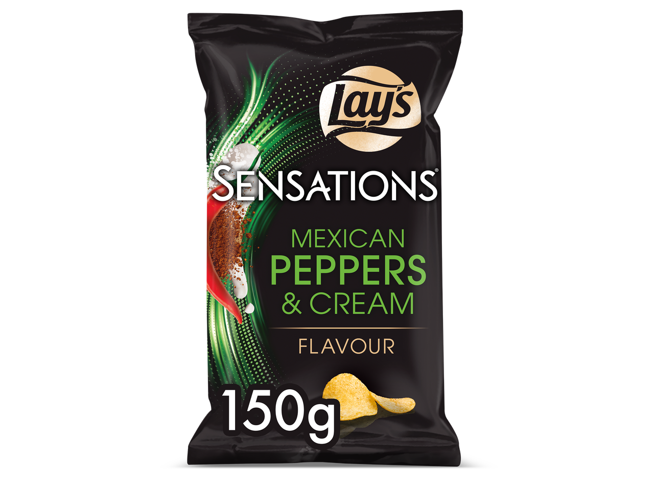 Zwarte zak chips met de smaak Mexicaanse pepers & room, 150g.