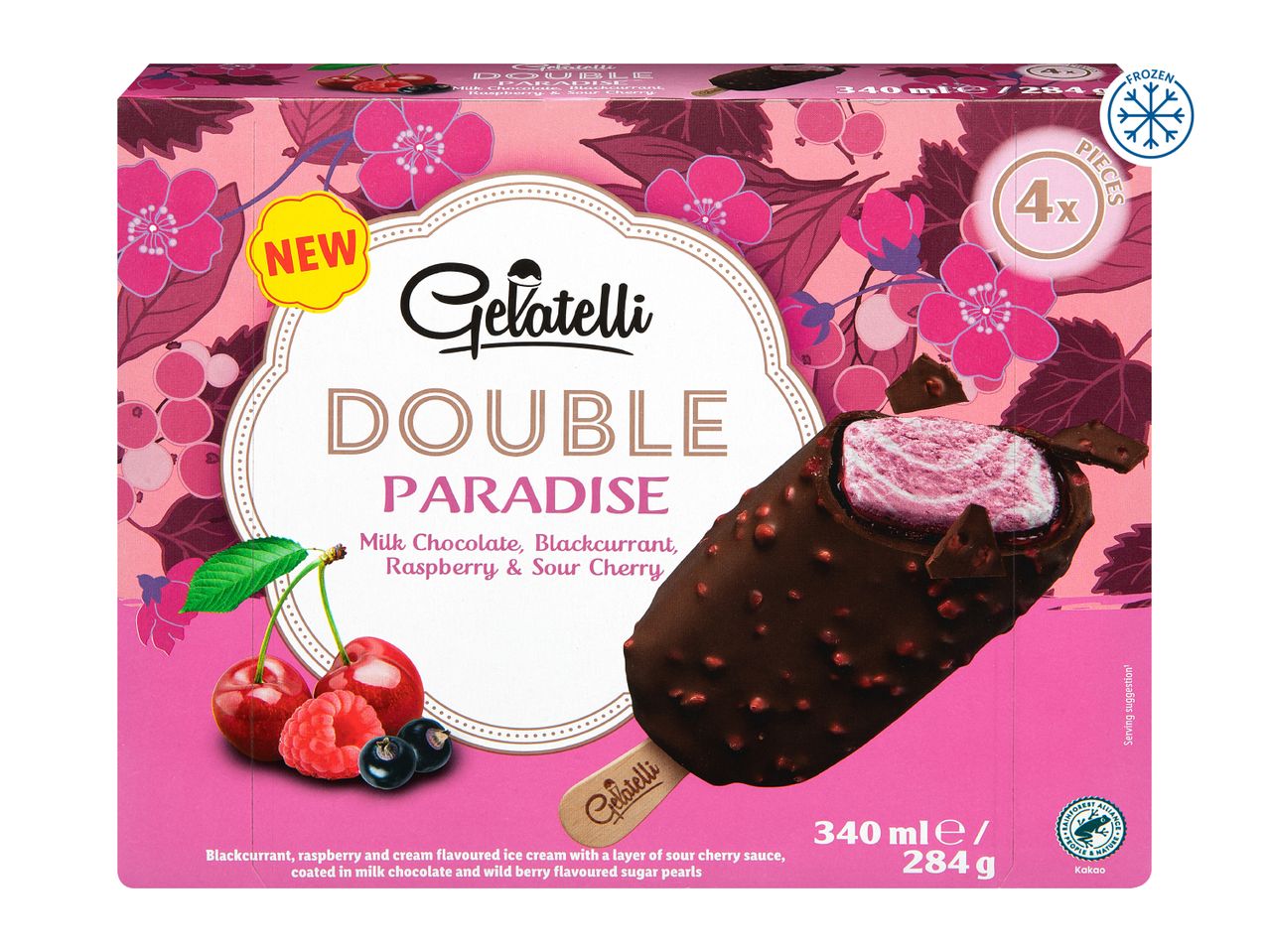 Frozen dessert box with 4 chocolate-covered ice cream bars, berries, and floral patterns.