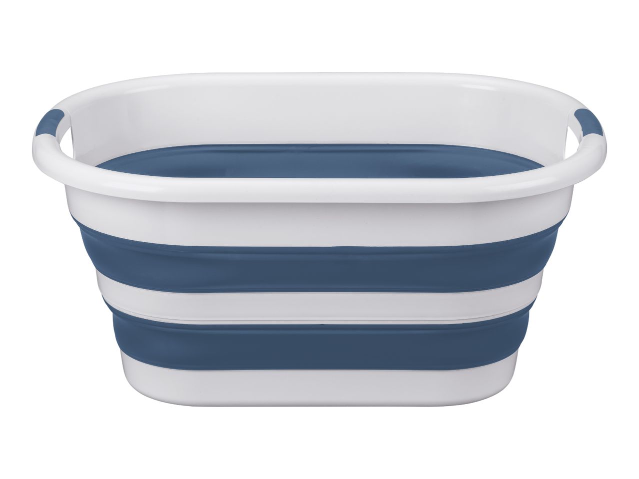 Collapsible laundry basket in white and blue stripes