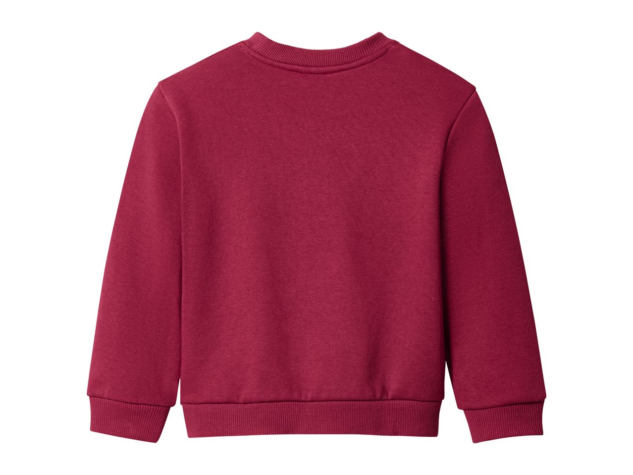 Back view of a plain red long-sleeved sweatshirt with ribbed cuffs and hem