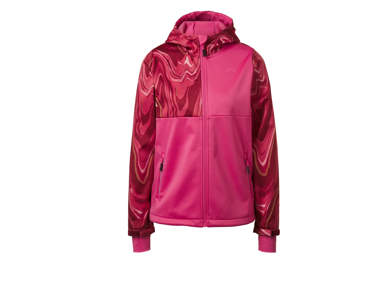 Lupilu® kinder softshell jas in roze met een gemarmerd patroon op de mouwen en capuchon.