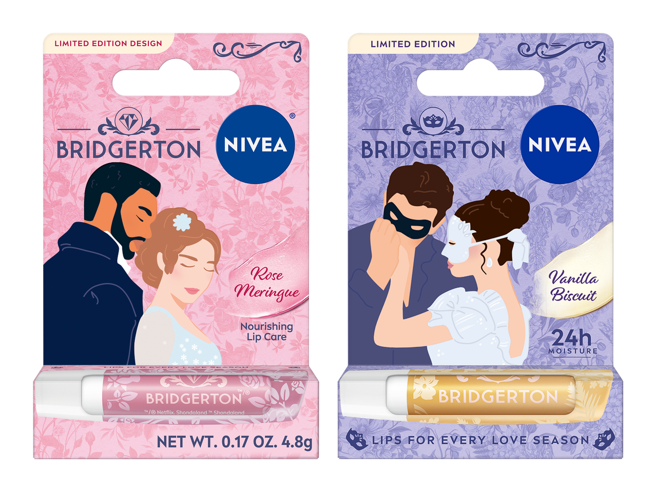 Două balsamuri de buze ediție limitată, cu tematică Bridgerton, arome Rose Meringue și Vanilla Biscuit.