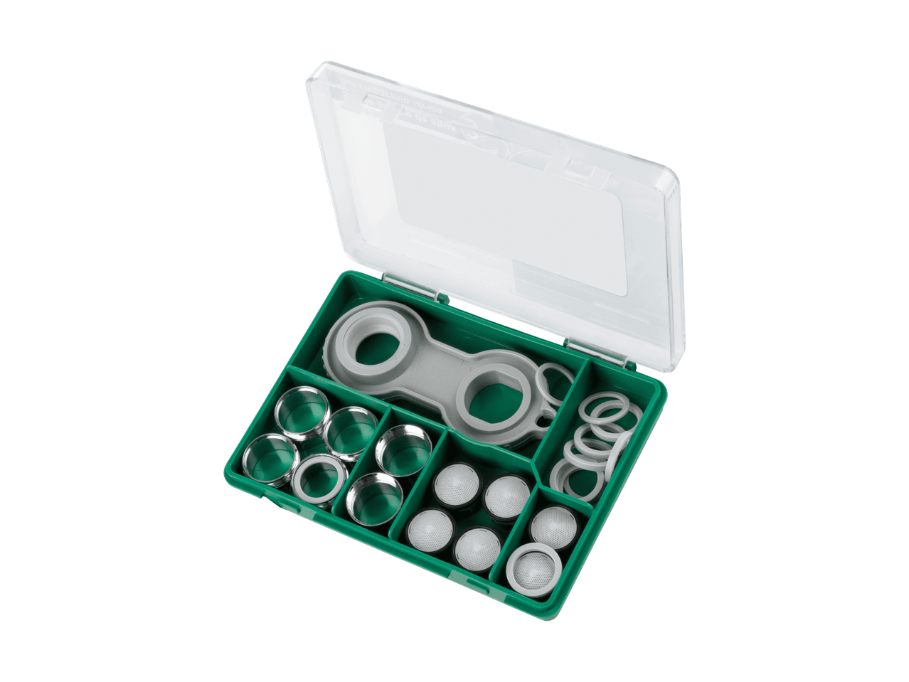 Kit di aeratori per rubinetti e guarnizioni in una scatola verde.