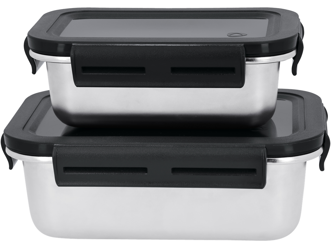 Two stainless steel food containers with black lids and clasps, stacked on a black background.