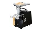 Black electric meat grinder with a silver tray holding ground meat, extruding pasta.
