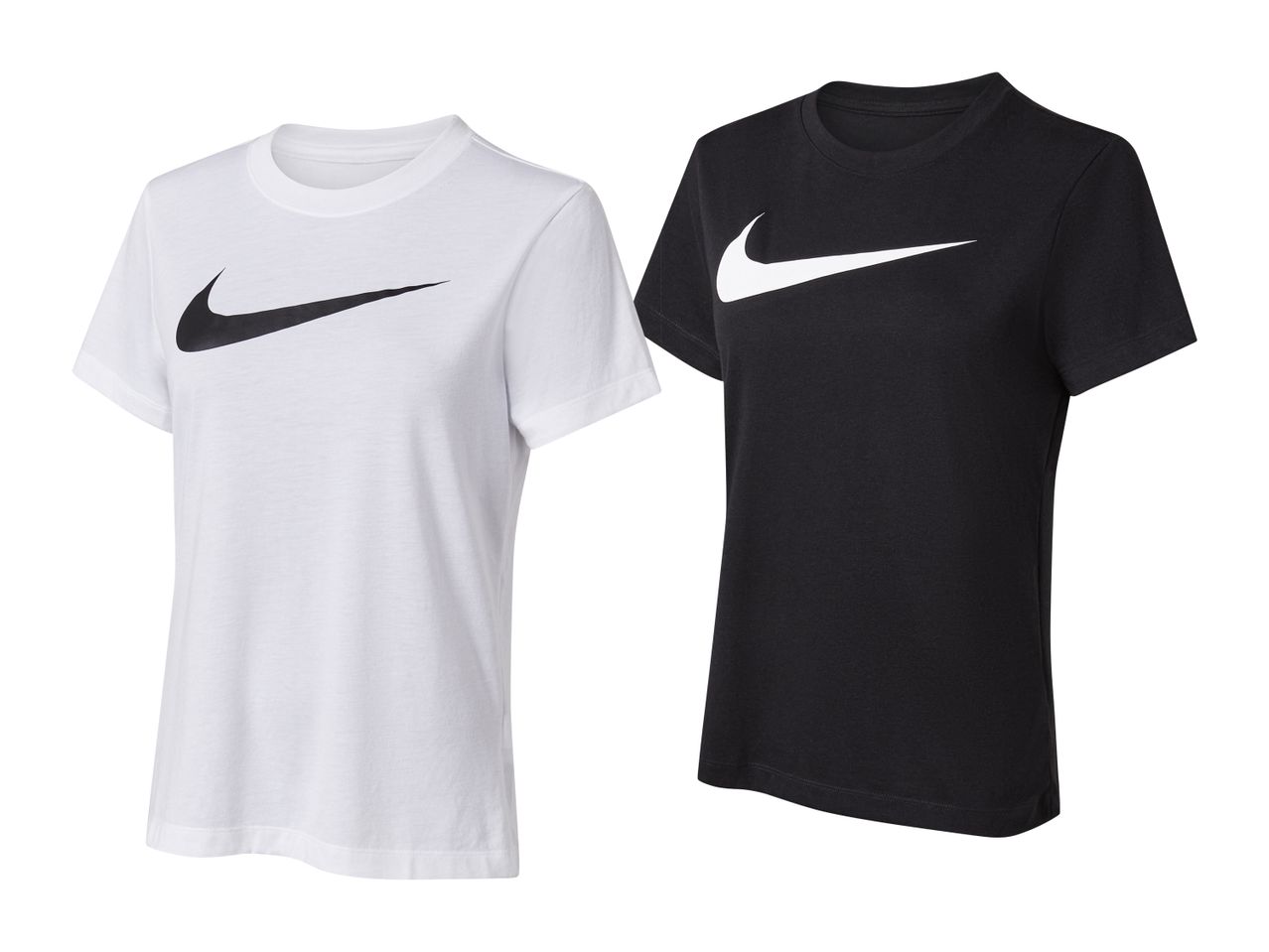 Dve majici Nike, ena bela s črnim logotipom in ena črna z belim logotipom