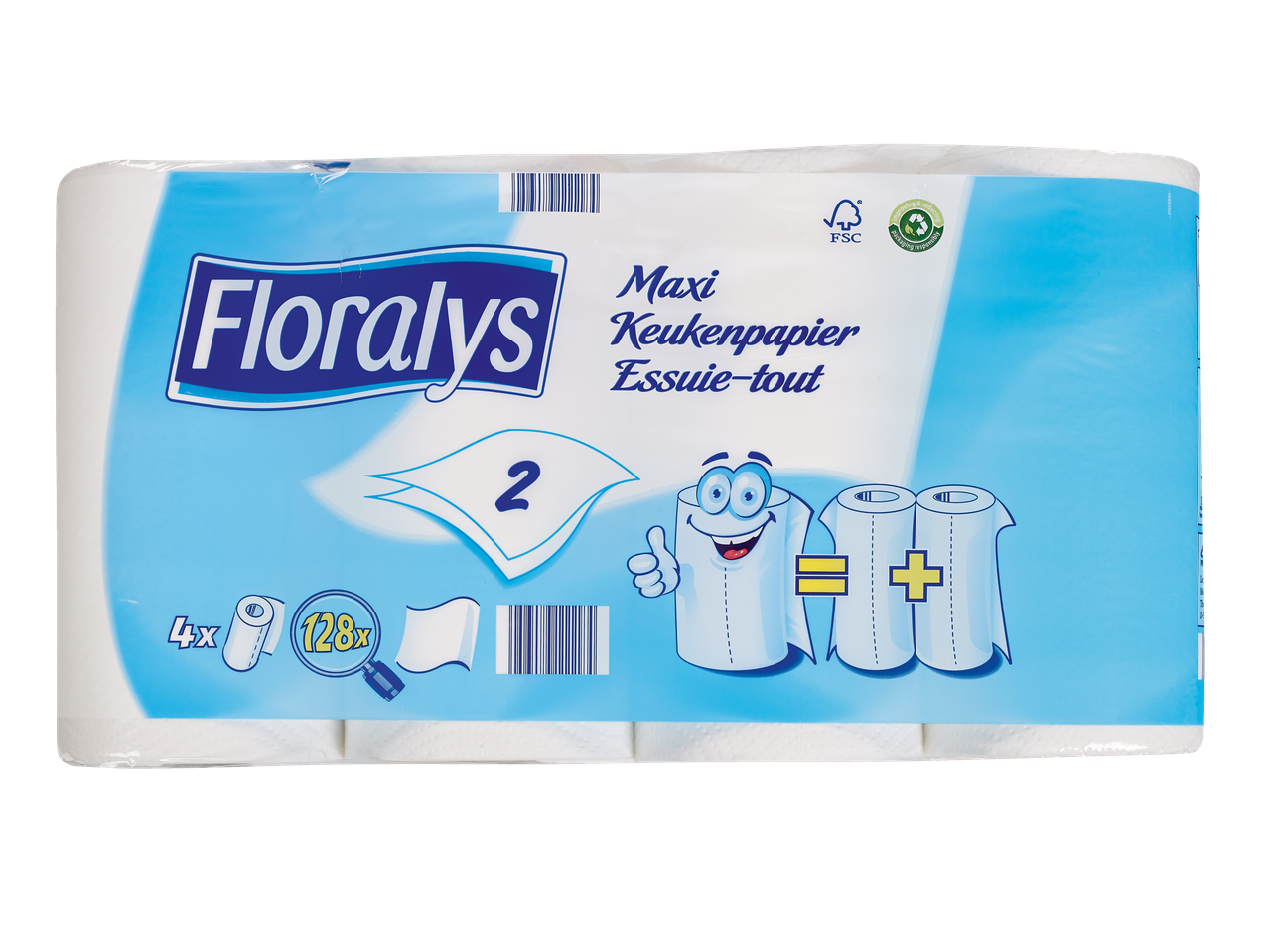 Floralys Maxi essuie-tout, 4 rouleaux de 128 feuilles chacun, 2 épaisseurs, avec logos FSC et recyclage.