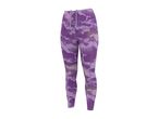 Purple patterned women's sports leggings with a drawstring waist.