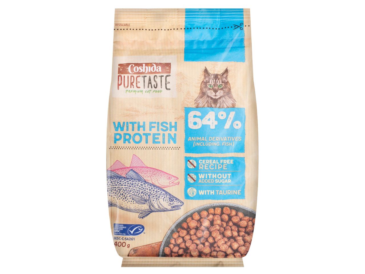 Coshida PureTaste prémium macskaeledel, 64% halfehérjével, gabona- és cukormentes.