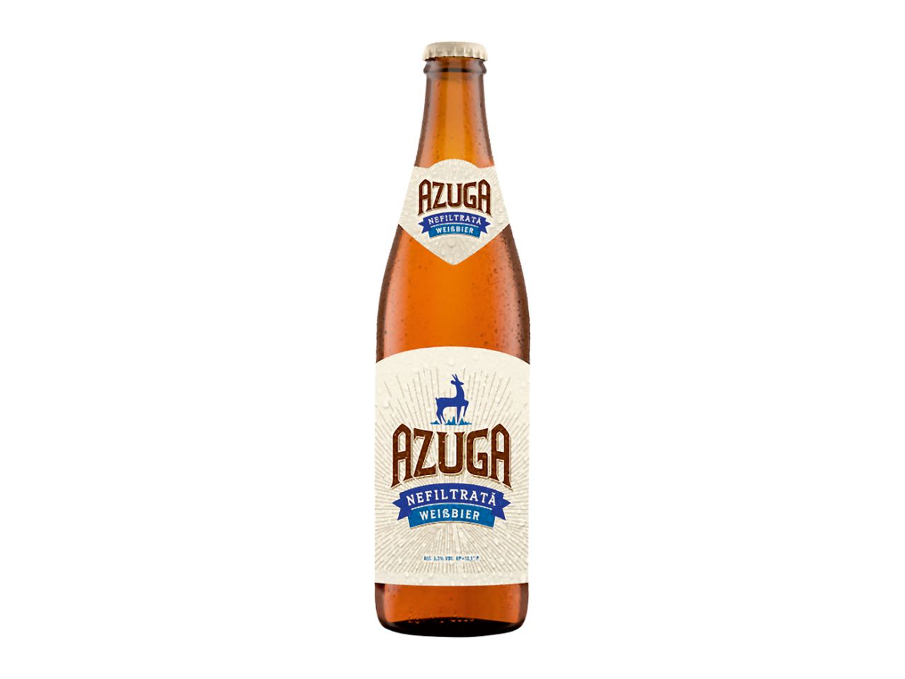 O sticlă de bere Azuga Nefiltrată Weissbier, cu etichete albe și albastre, pe un fundal alb.