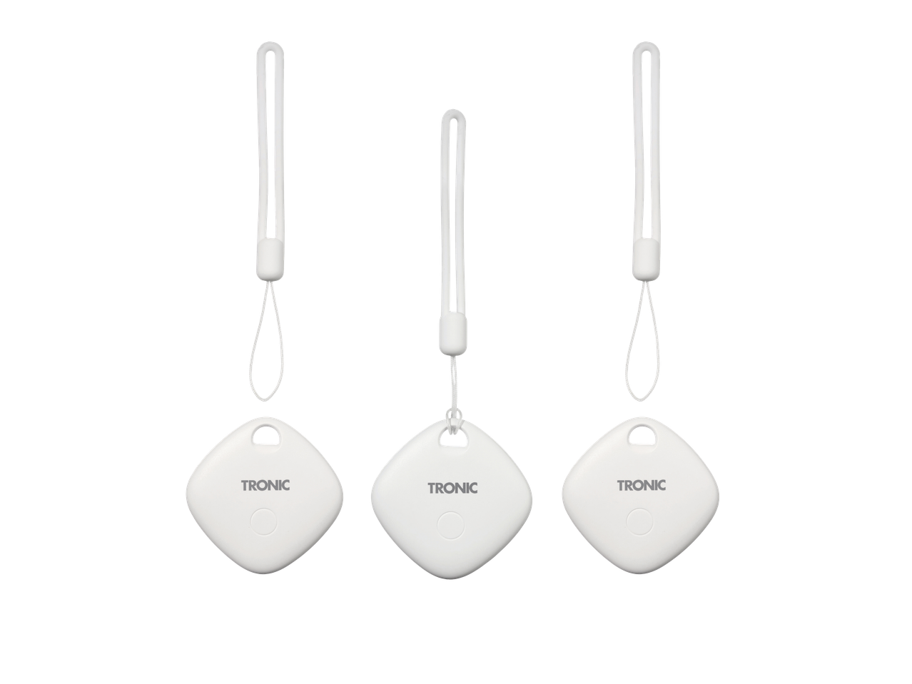 Three white smart trackers with lanyards on a black background.