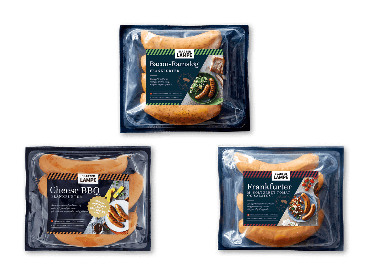 Tre pakker frankfurtere med smagsvarianterne Bacon-Ramsløg, Cheese BBQ og Soltørret Tomat & Salatost.