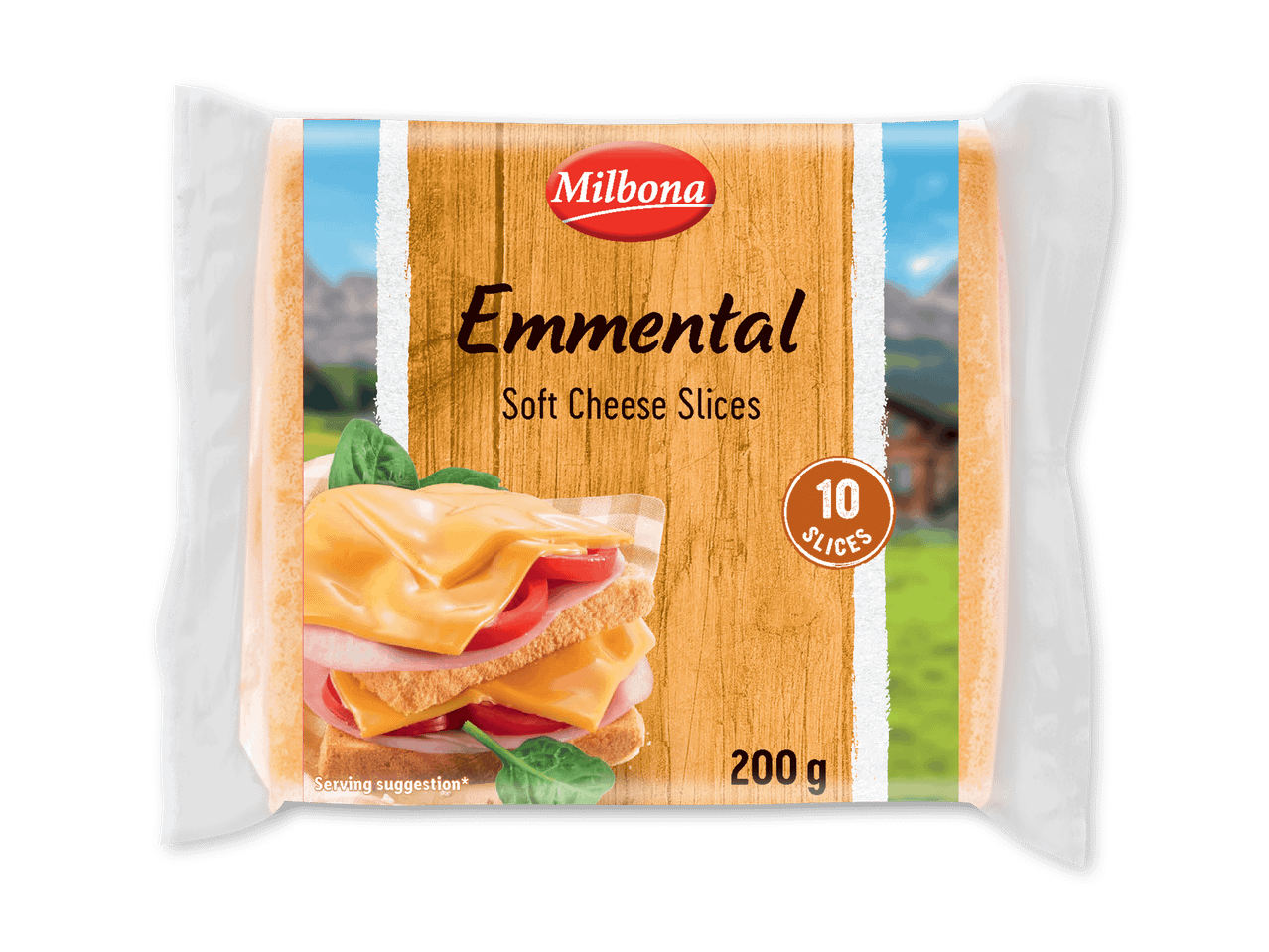 Pakke med 10 skiver blød Emmentalerost, med et billede af en sandwich og et bjerglandskab.