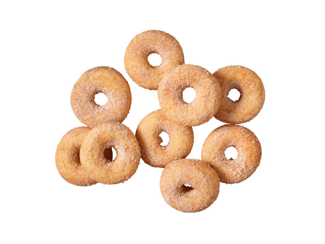 Deviņi gredzenveida virtuļi ar cukura un kanēļa pārklājumu uz melna fona.