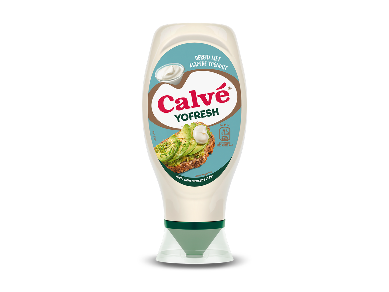 Fles mayonaise met magere yoghurt, met een afbeelding van avocado toast en voedingswaarden.