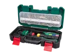 A rivet nut tool kit with various sizes of rivet nuts in a clear organizer, and a hand tool with colorful attachments.