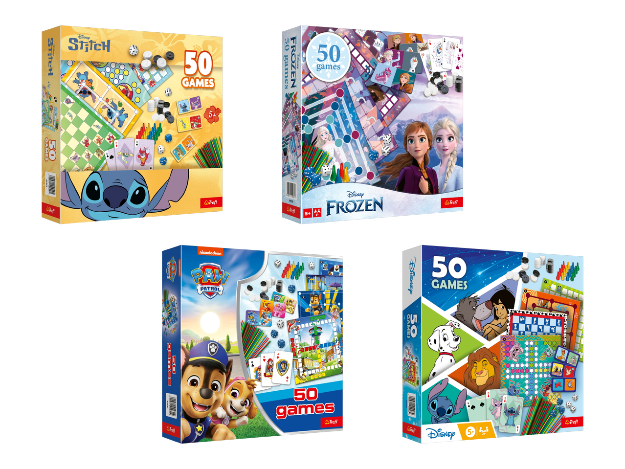 Neljä lautapelisettiä, joissa on 50 peliä, teemoina Stitch, Frozen, Ryhmä Hau ja Disney-hahmot.