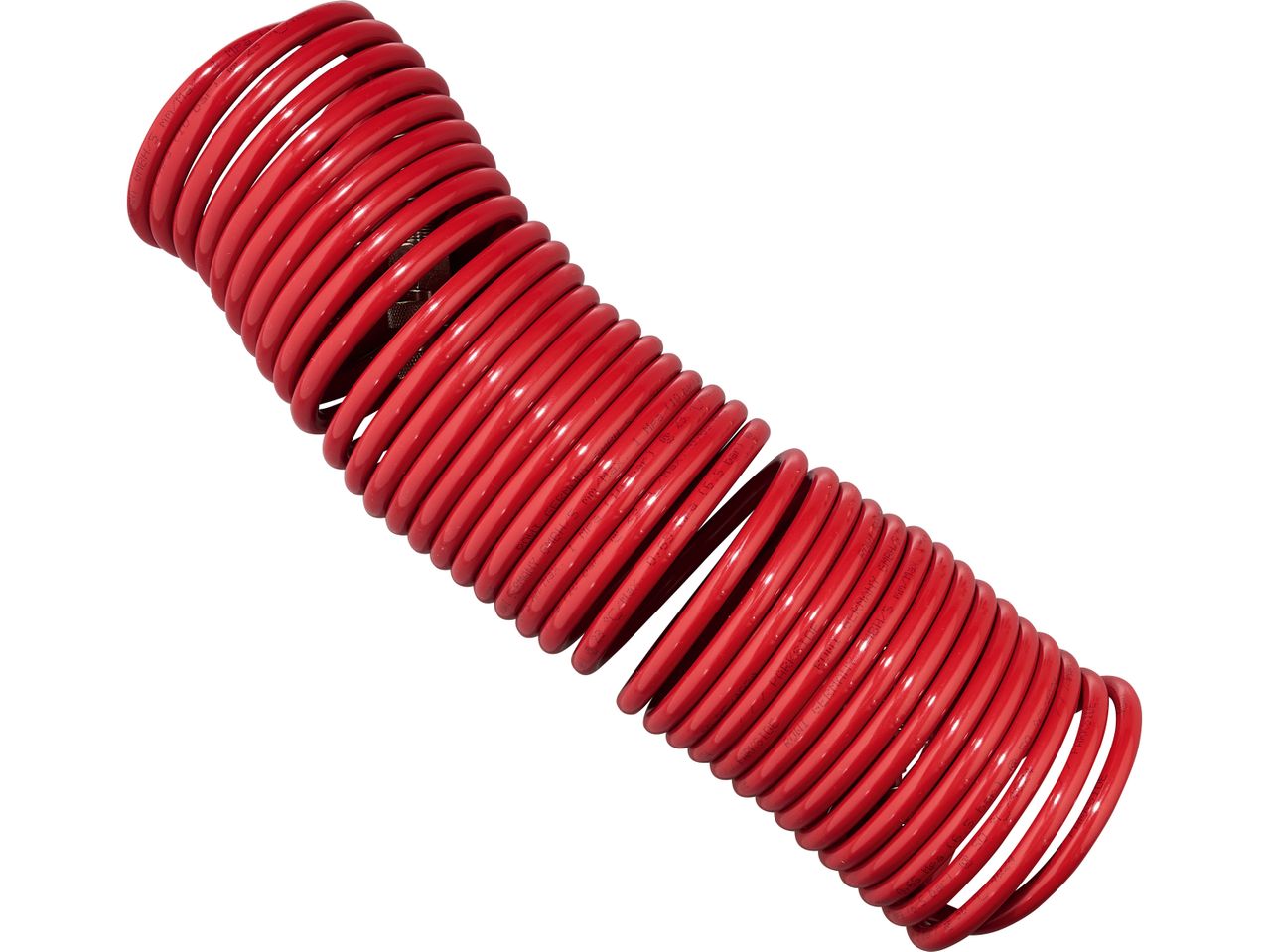 Red coiled air hose with text 
