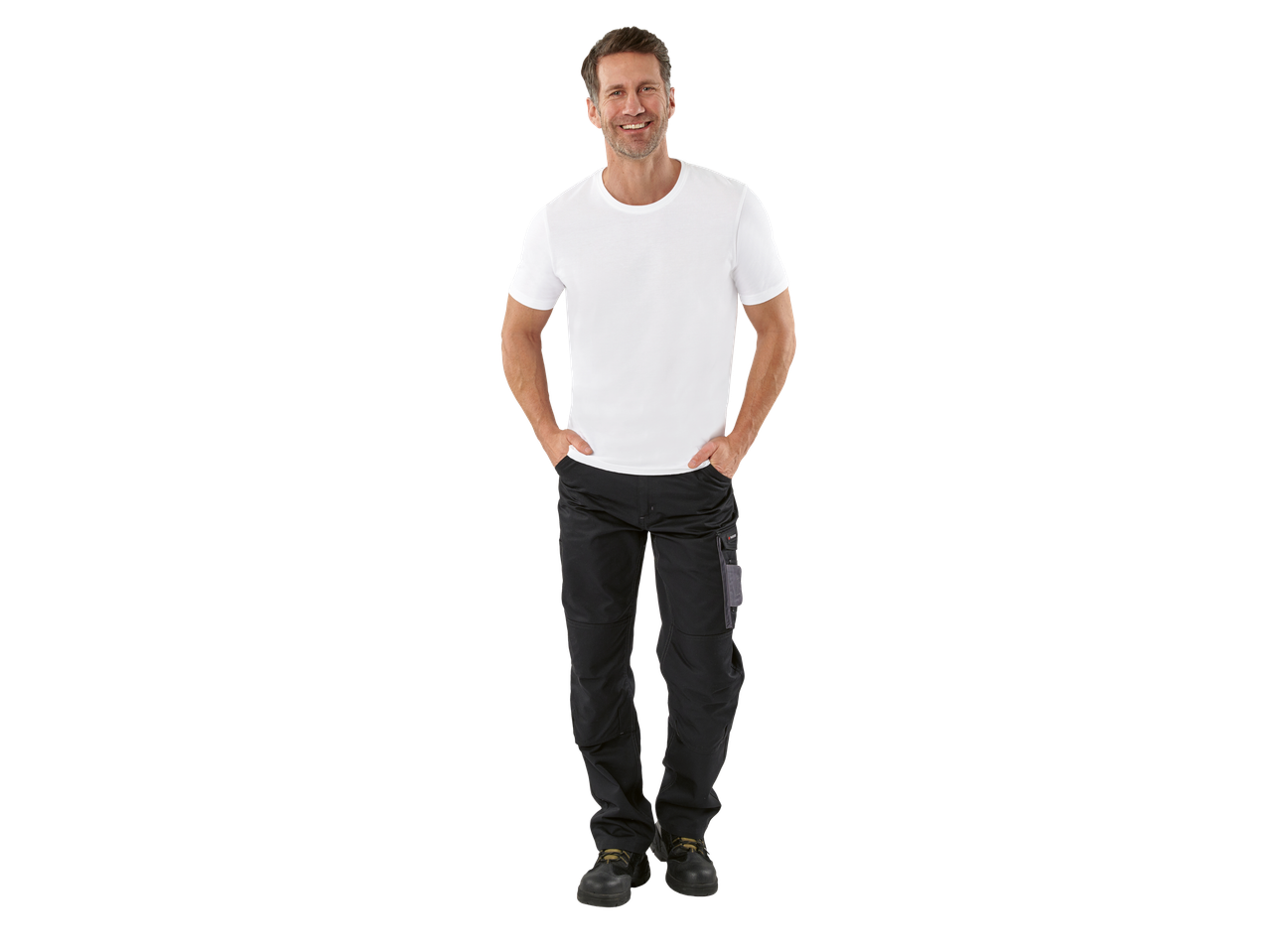 Smiling man wearing a white Parkside® t-shirt and black work trousers.