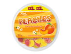 Bonbons gélifiés en forme de pêche, bicolores rouge et jaune, dans un emballage rond avec l'inscription 'PEACHES' et '900g'.