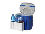 Blue cooler bag with an open lid, containing water bottles and a drink bottle in a white holder.
