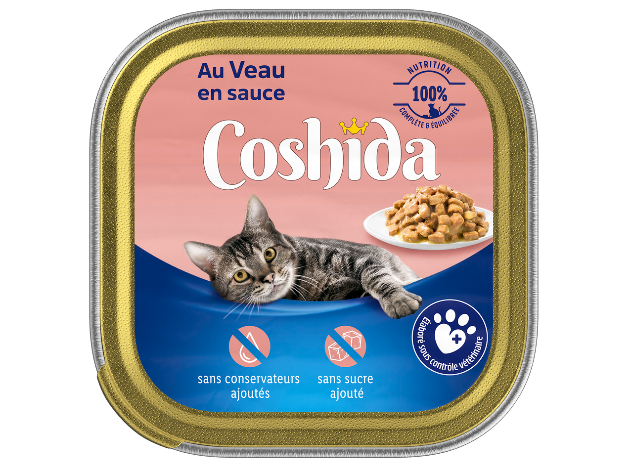 Pâtée pour chat au veau en sauce, complète et équilibrée, sans conservateurs ni sucre ajoutés.